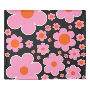 Retro Flower Pattern Black Pink And Orange Duvet C