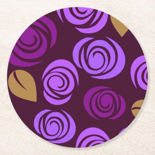 Retro Flower Pattern _ Dark Purple Round Paper Coaster