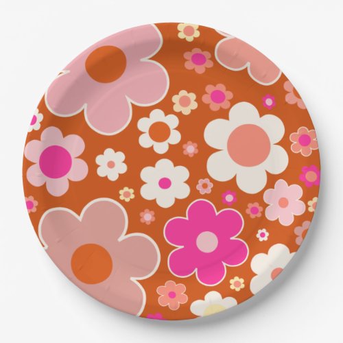 Retro Flower Pattern In Orange Peach Pink Floral Paper Plates