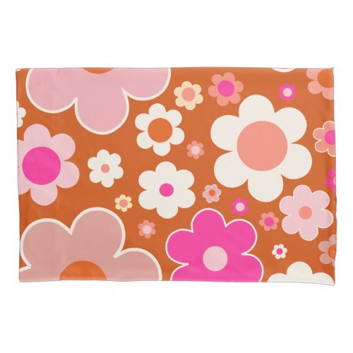 Retro Flower Pattern In Orange Peach Pink Floral Pillow Case