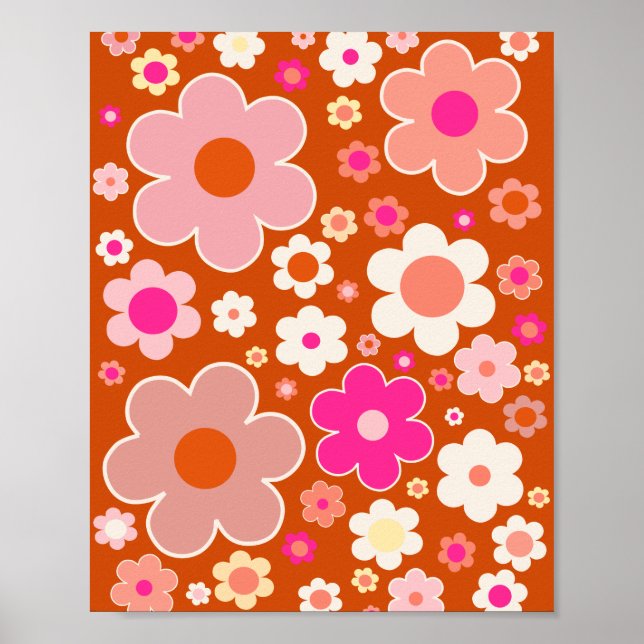 Retro Flower Pattern In Orange Peach Pink Floral Poster (Front)