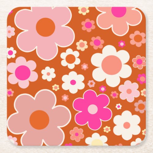 Retro Flower Pattern In Orange Peach Pink Floral Square Paper Coaster