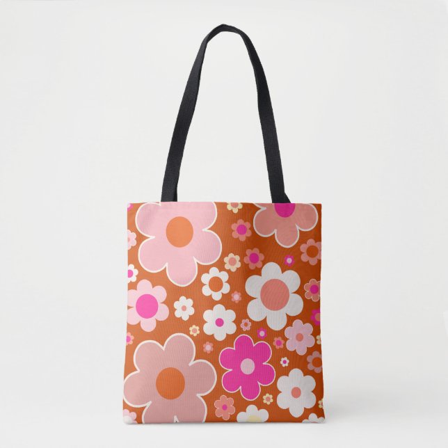 Retro Flower Pattern In Orange Peach Pink Floral Tote Bag (Front)