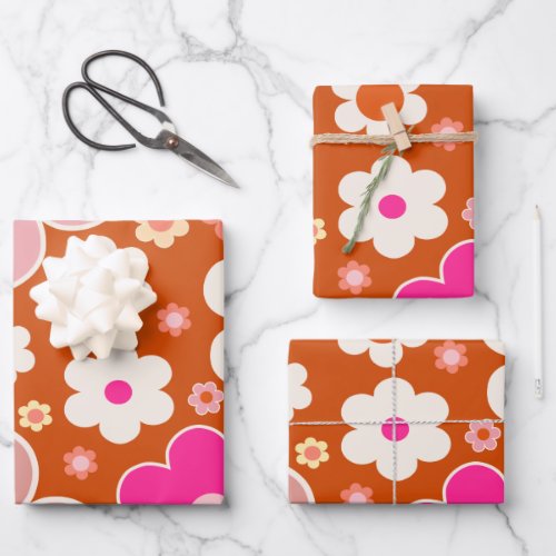 Retro Flower Pattern In Orange Peach Pink Floral Wrapping Paper Sheets