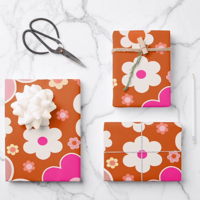 Retro Flower Pattern In Orange Peach Pink Floral Wrapping Paper Sheets (Front)