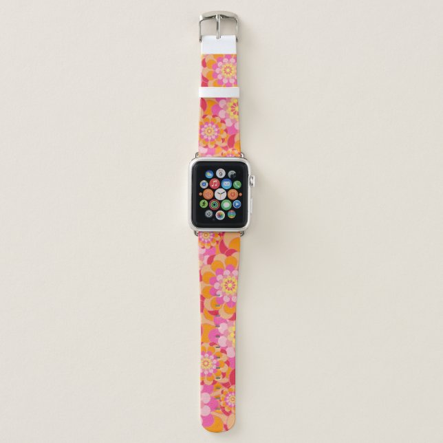 Retro Flower Pattern in Pink and Orange Apple Watch Band (Front)