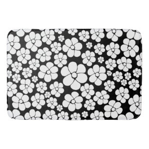 Retro Flower Pattern in White on Black Bath Mat
