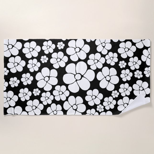 Retro Flower Pattern in White on Black Beach Towel (Front)
