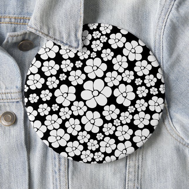 Retro Flower Pattern in White on Black Button (In Situ)