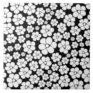 Retro Flower Pattern in White on Black Ceramic Tile