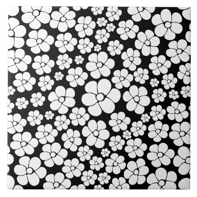 Retro Flower Pattern in White on Black Ceramic Tile (Front)