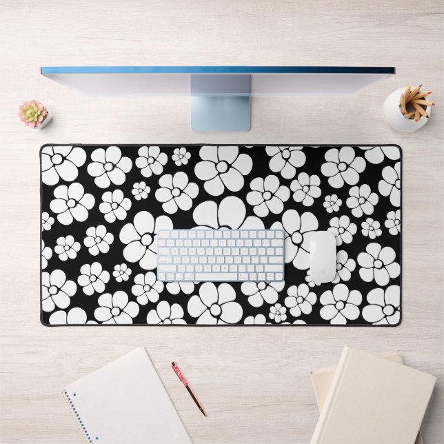 Retro Flower Pattern in White on Black Desk Mat (Office 1)