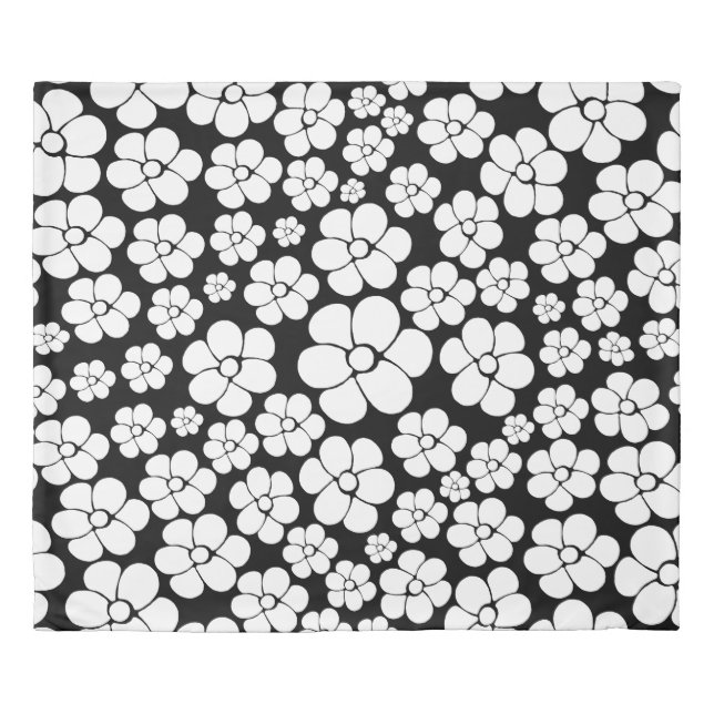 Retro Flower Pattern in White on Black Duvet Cover (Front)