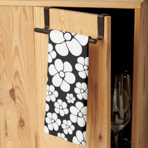 Retro Flower Pattern in White on Black Kitchen Towel