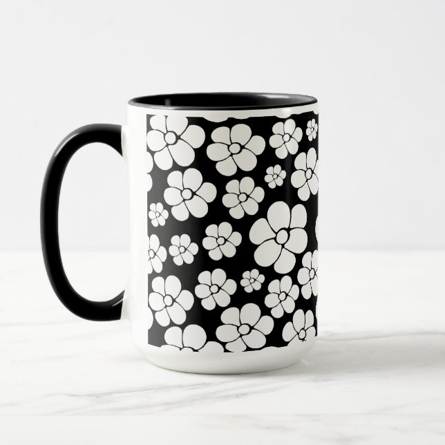 Retro Flower Pattern in White on Black Mug (Left)
