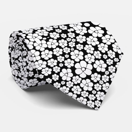 Retro Flower Pattern in White on Black Neck Tie