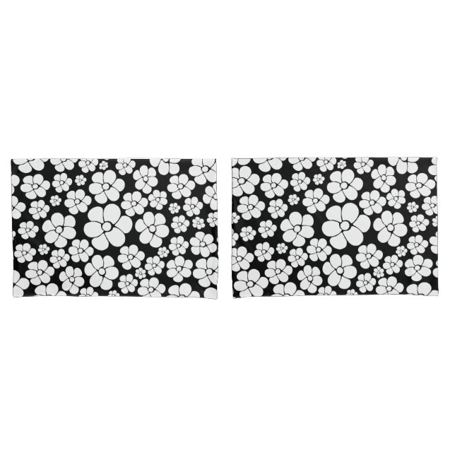 Retro Flower Pattern in White on Black Pillow Case (Front-Set)