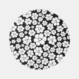 Retro Flower Pattern in White on Black Rug