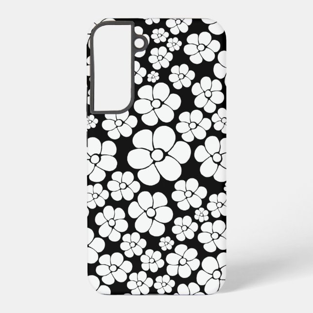 Retro Flower Pattern in White on Black Samsung Galaxy Case (Back)