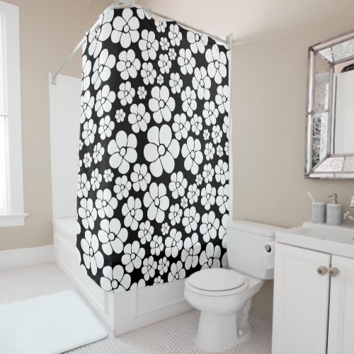 Retro Flower Pattern in White on Black Shower Curtain
