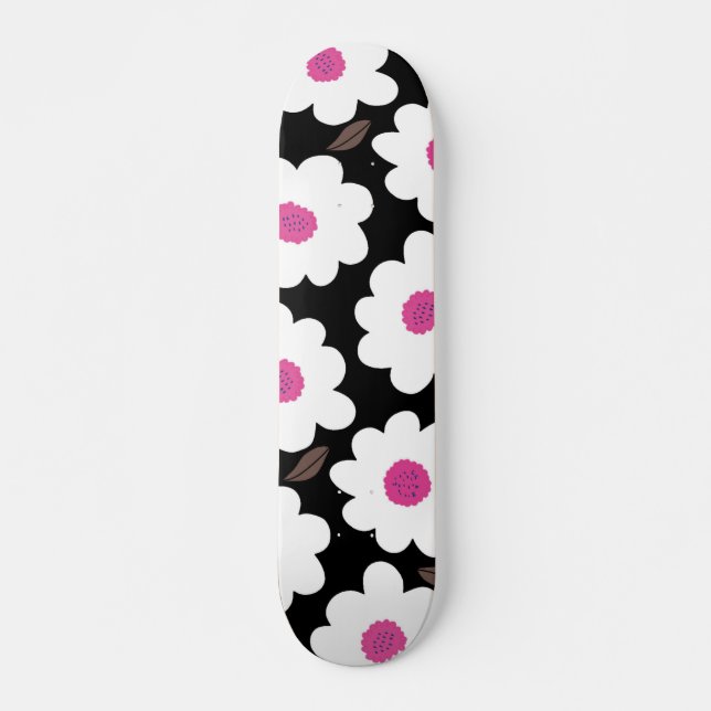Retro Flower Pattern in White on Black Skateboard (Front)