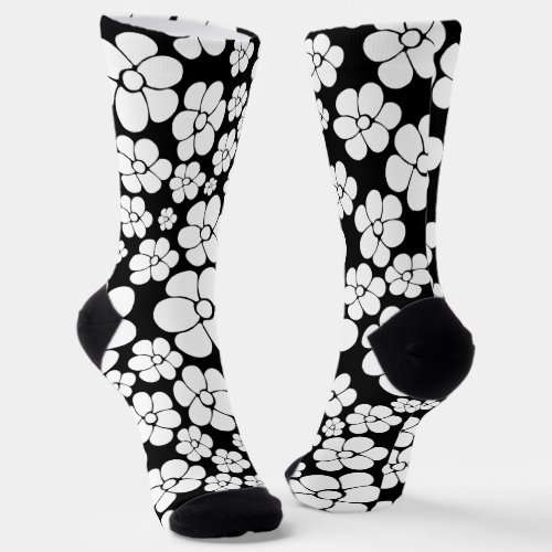 Retro Flower Pattern in White on Black Socks