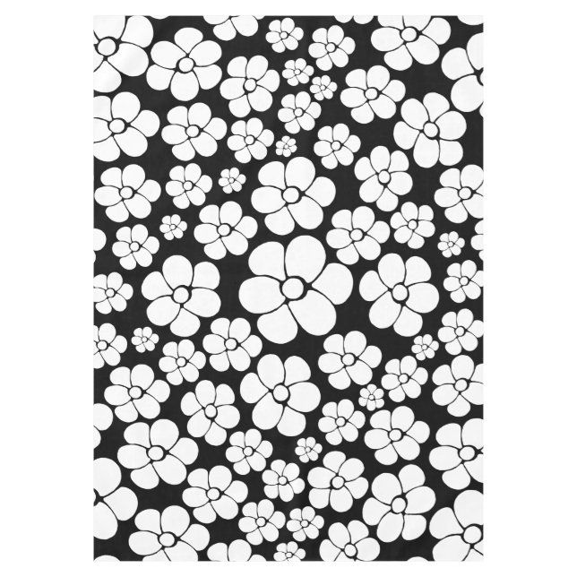 Retro Flower Pattern in White on Black Tablecloth (Front)