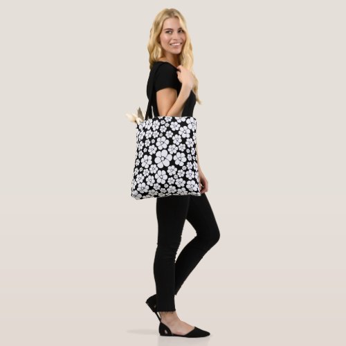 Retro Flower Pattern in White on Black Tote Bag