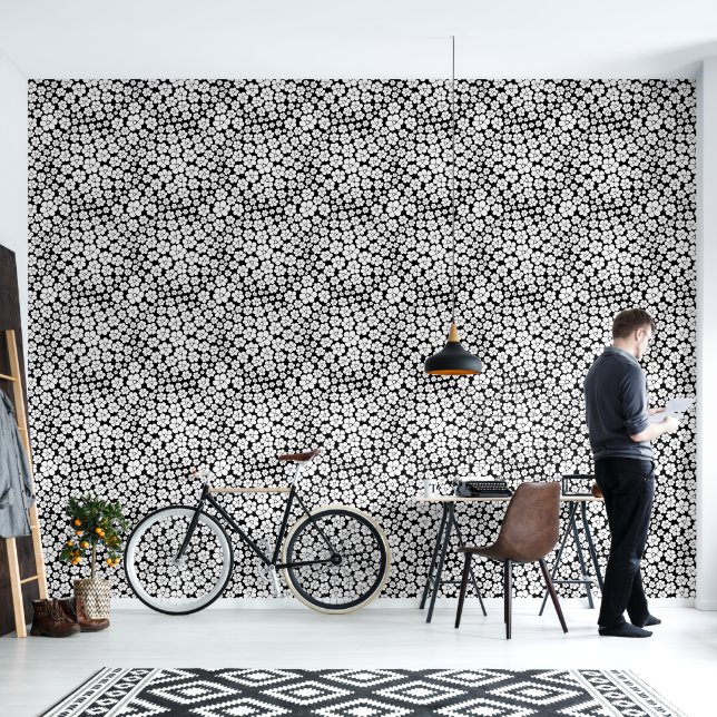 Retro Flower Pattern in White on Black Wallpaper (Living Room)