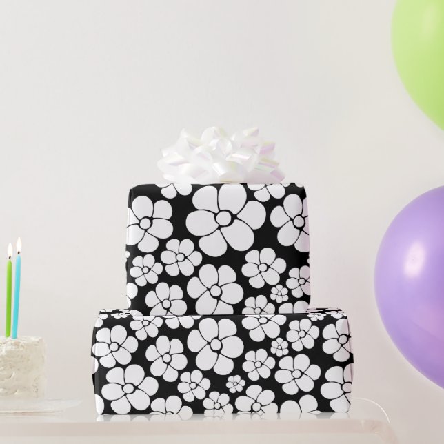 Retro Flower Pattern in White on Black Wrapping Paper (Party Gifts)