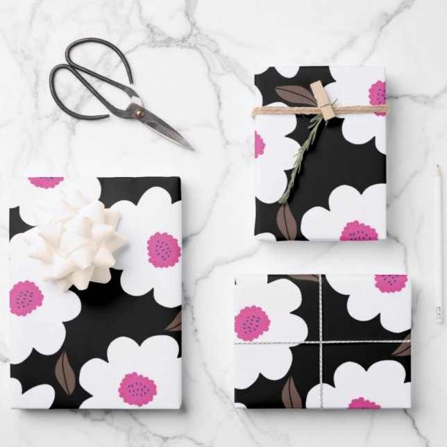 Retro Flower Pattern in White on Black  Wrapping Paper Sheets (Creator Uploaded)