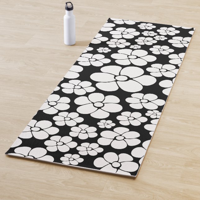 Retro Flower Pattern in White on Black Yoga Mat (In Situ)