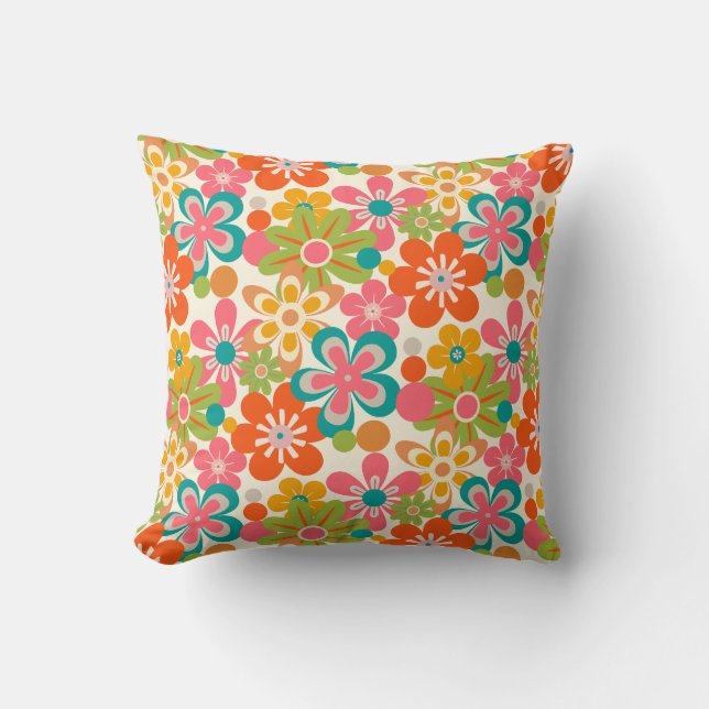 Retro Flower Pattern Orange Green Pink Throw Pillow (Front)
