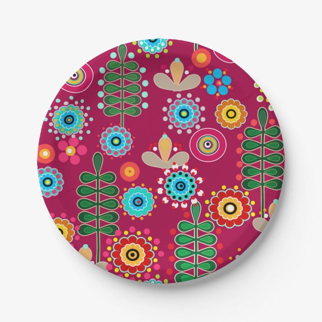 Retro, flower pattern paper plates (Front)