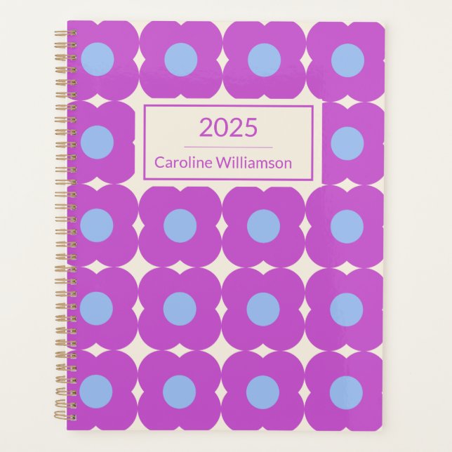 Retro Flower Pattern Purple Mid Mod Personalized Planner (Front)