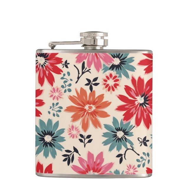 Retro Flower Pattern Red Orange Blue Flask (Front)