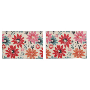 Retro Flower Pattern Red Orange Blue Pillow Case