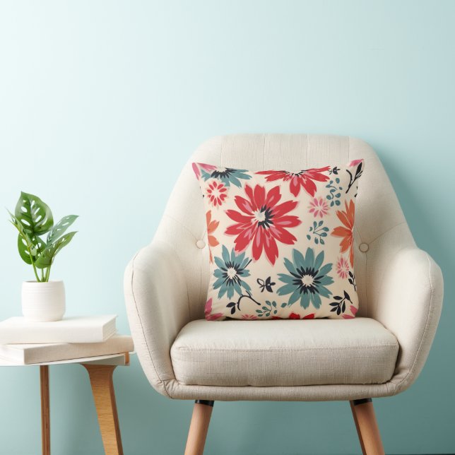 Retro Flower Pattern Red Orange Blue Throw Pillow (Chair)