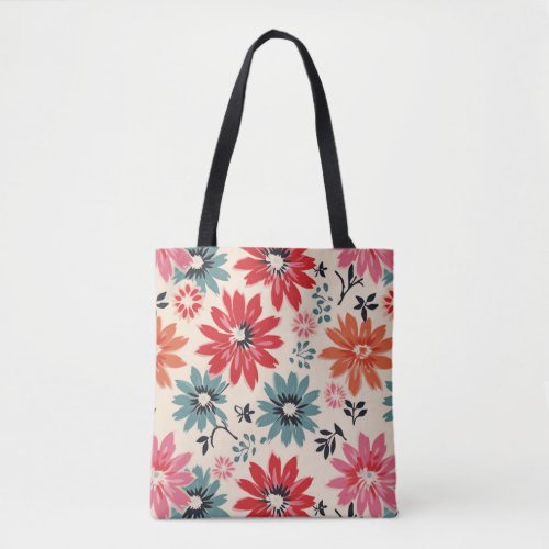 Retro Flower Pattern Red Orange Blue Tote Bag