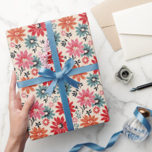 Retro Flower Pattern Red Orange Blue Wrapping Paper