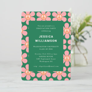 Retro Flower Peace Pink Green Graduation Party Invitation
