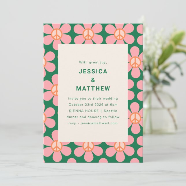Retro Flower Peace Pink Green Groovy Wedding Invitation (Standing Front)