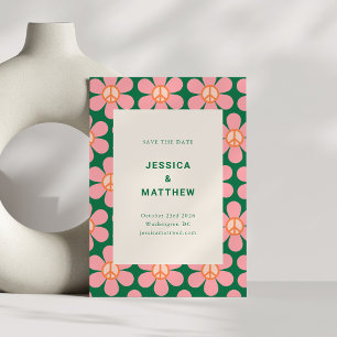 Retro Flower Peace Pink Green Groovy Wedding  Save The Date
