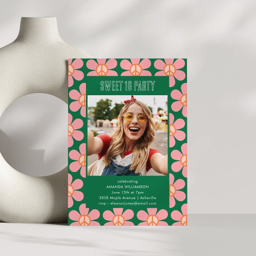 Retro Flower Peace Pink Green Sweet 16 Party Photo Invitation
