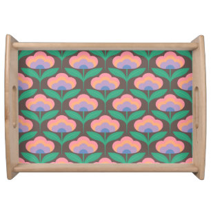 Retro flower peach blues on light brown serving tray
