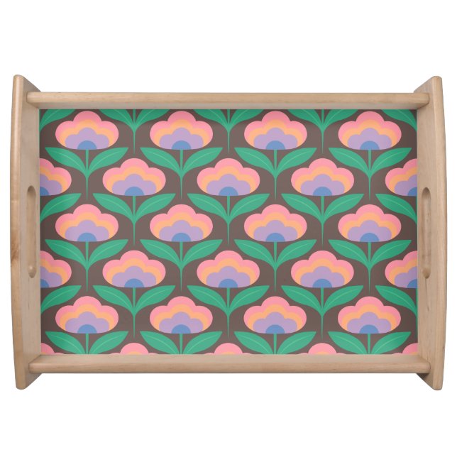 Retro flower peach blues on light brown serving tray (Front)