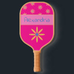 Retro Flower Personalized Name Hot Pink Pickleball Paddle<br><div class="desc">This is a cute, stylish personalized retro flower design. It has a retro flower in sunshine yellow and trending hot pink and blue. It's perfect as a personalized gift or ideal as a new pickleball accessory for yourself. For help with personalization or customization, or for a custom design email: ursuladawnmoon@gmail.com...</div>