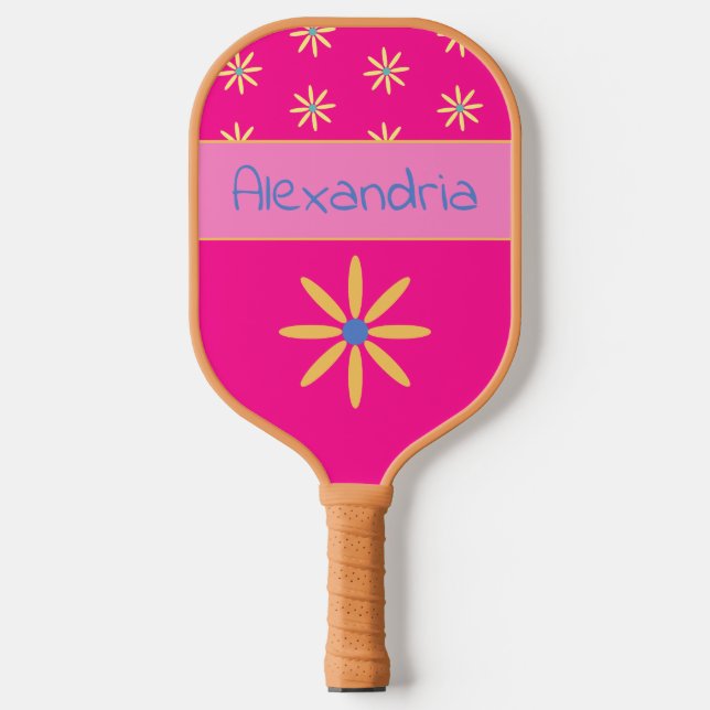 Retro Flower Personalized Name Hot Pink Pickleball Paddle (Front)