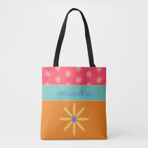 Retro Flower Personalized Name Tote Bag