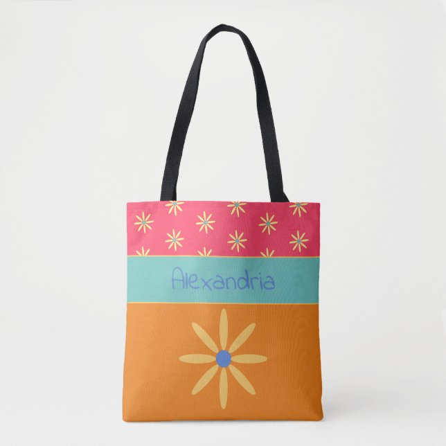 Retro Flower Personalized Name Tote Bag (Front)